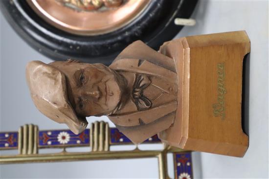 An champléve enamel brass photograph frame, a copper relief plaque signed Schubert and a bust of Wagner